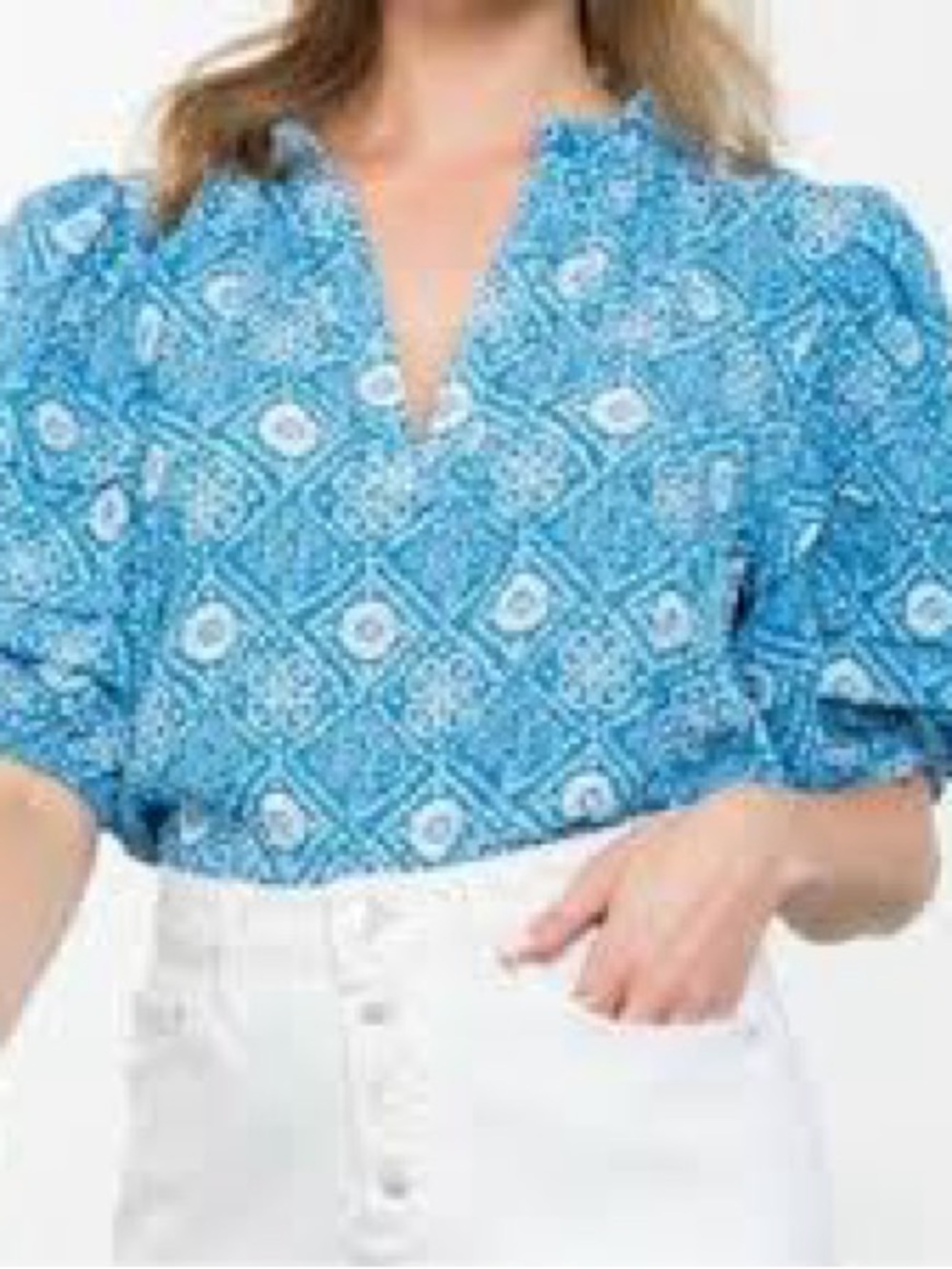 THML Denim Blue Floral Paisley Puff Sleeve V-neck Top size M